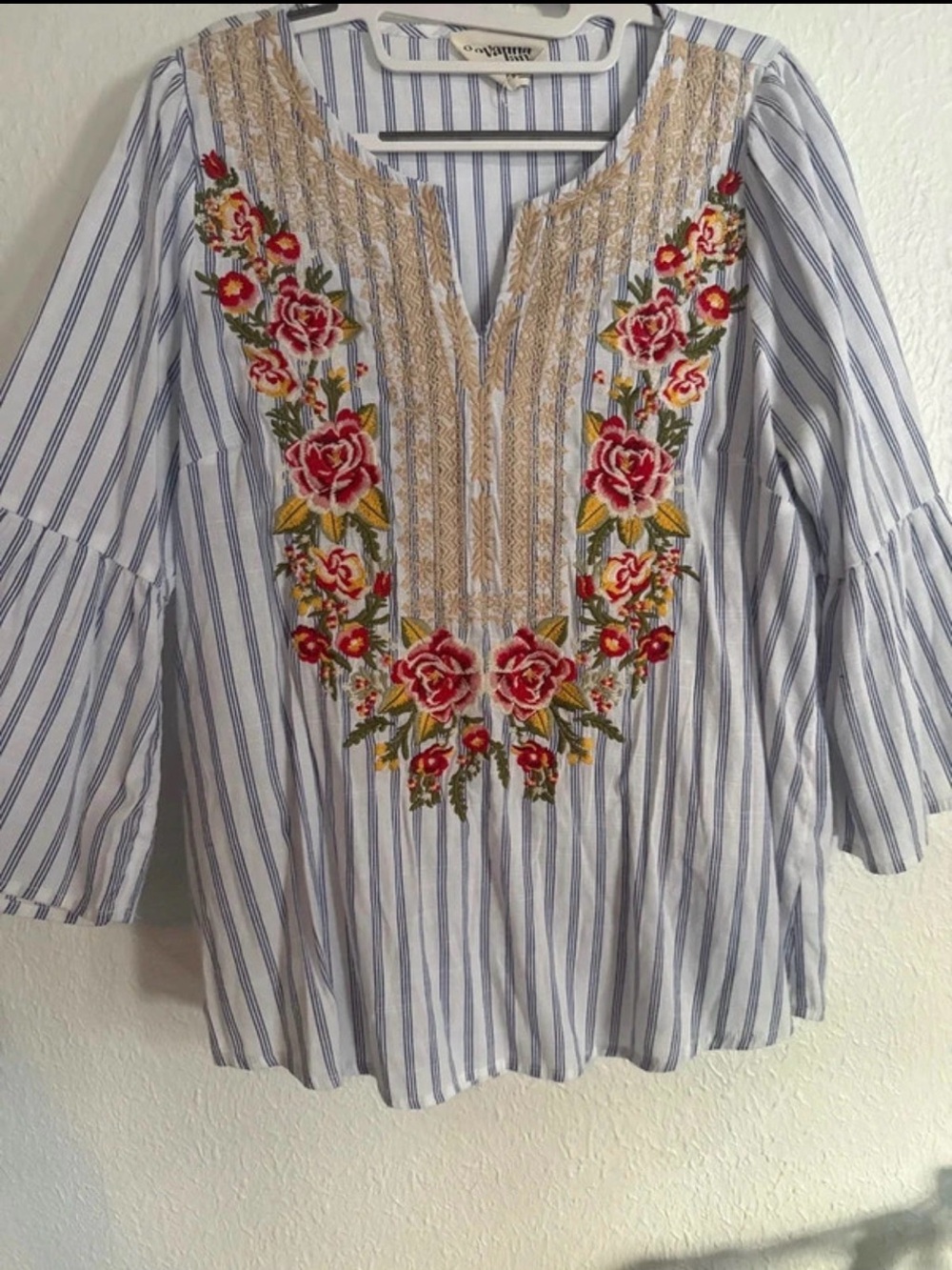 Savanna Jane Blue & White Striped Tunic with Red Floral Embroidery